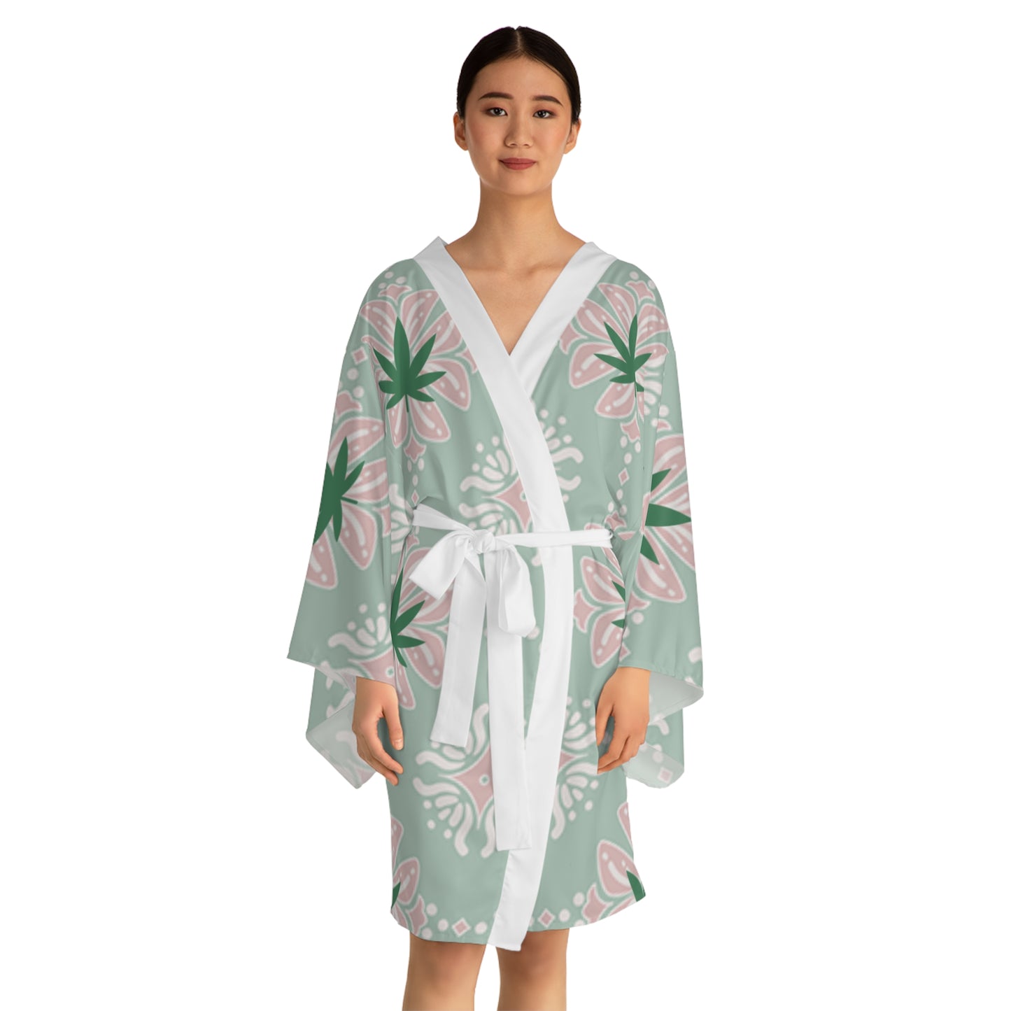 'Break Time' Kimono Robe — Mint & Pink Botanical Lounge Wear