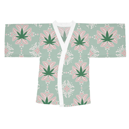 'Break Time' Kimono Robe — Mint & Pink Botanical Lounge Wear