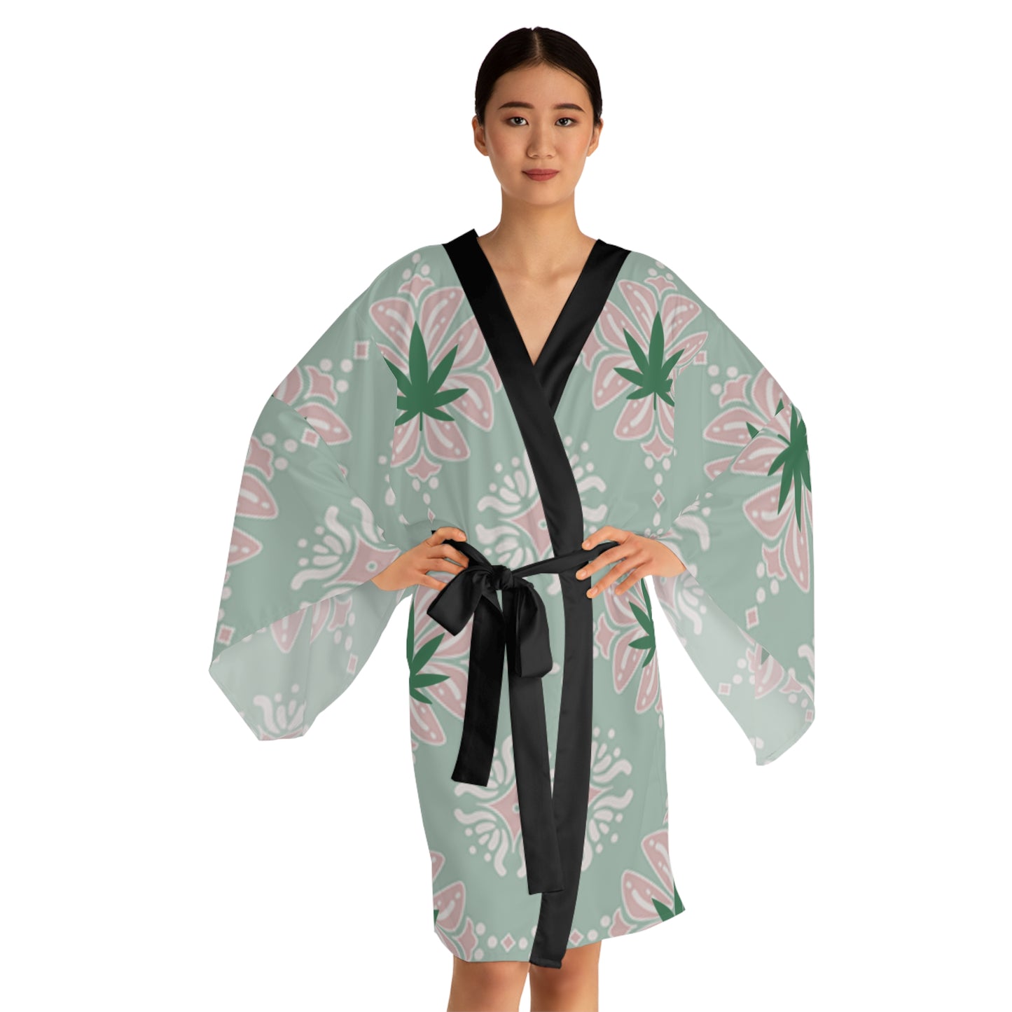 'Break Time' Kimono Robe — Mint & Pink Botanical Lounge Wear