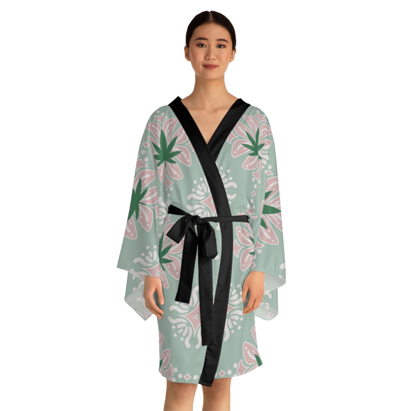'Break Time' Kimono Robe — Mint & Pink Botanical Lounge Wear