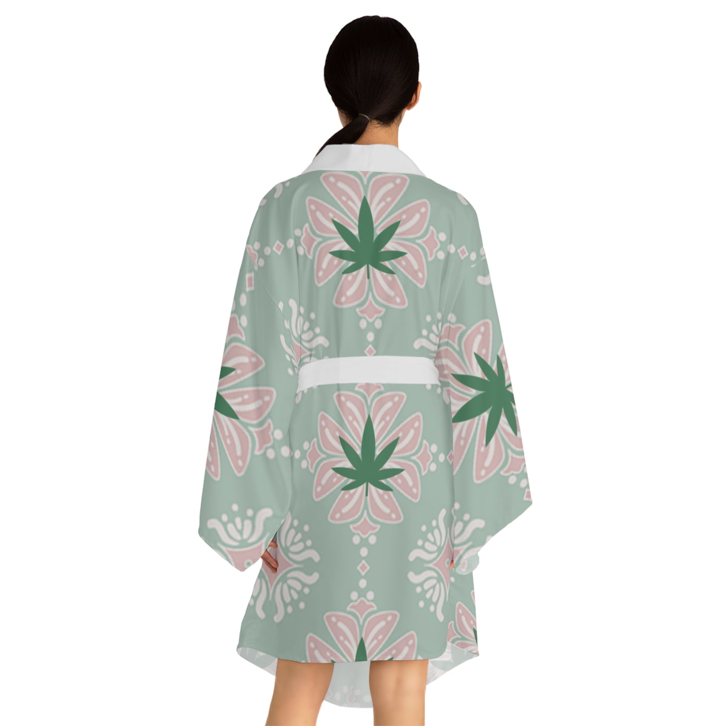'Break Time' Kimono Robe — Mint & Pink Botanical Lounge Wear