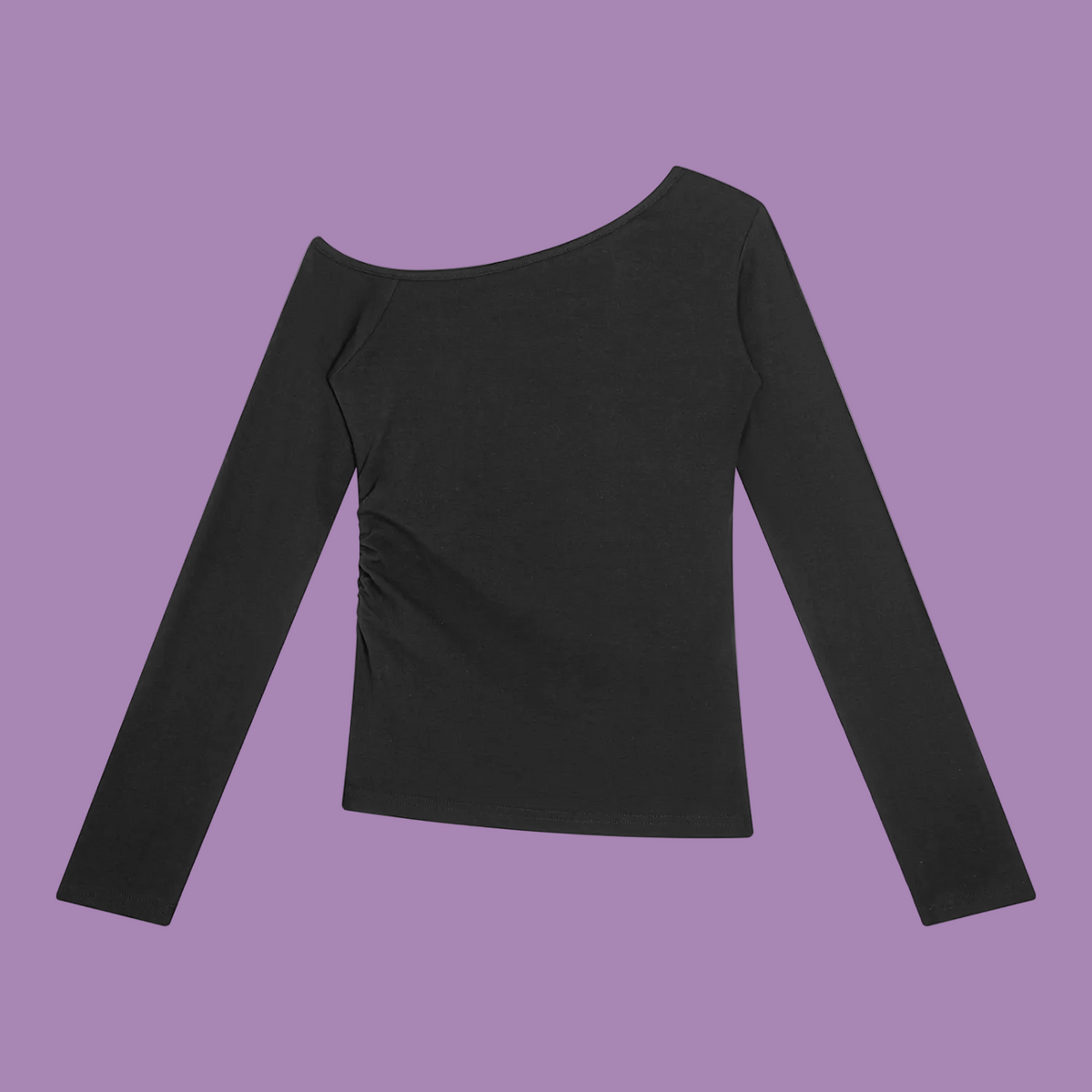 A black long-sleeve top with a wide boat neckline and side ruching, displayed flat against a solid white background.